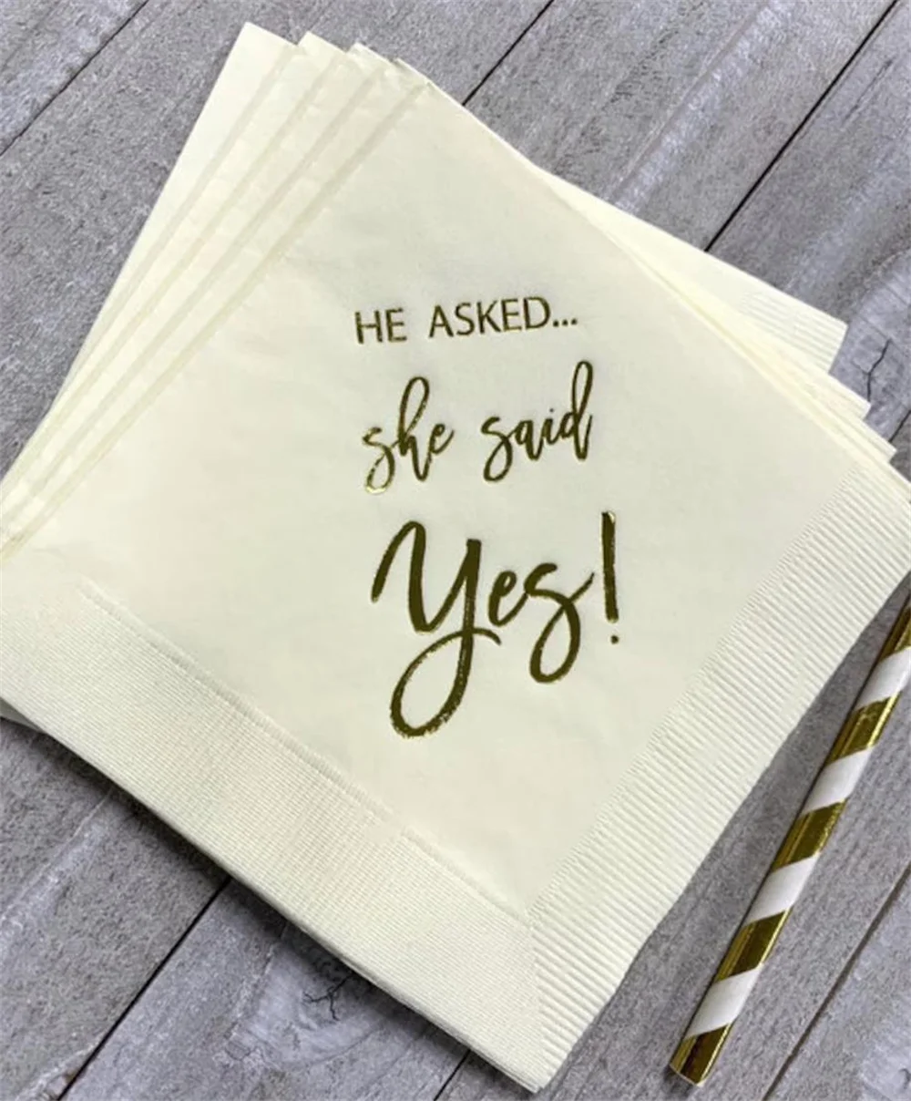 Ivory Ecru with Metallic Gold Foil Cocktail Beverage Napkins He Asked She said Yes Engagement Party - SHIPS in 50 HOURS or less! 
Ivory Ecru with Metallic Gold Foil Cocktail Beverage Napkins He Asked She said Yes Engagement Party - SHIPS in 50 HOURS or less!