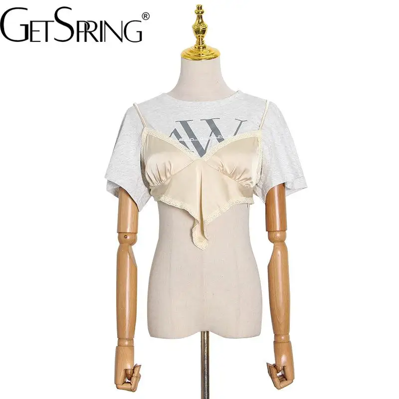 Getspring Women T Shirt Patchwork Letter Printing Short Sleeve Fake Two Ladies T Shirt Sexy Loose Short T-shirt Summer Tops 2022
Getspring Women T Shirt Patchwork Letter Printing Short Sleeve Fake Two Ladies T Shirt Sexy Loose Short T-shirt Summer Tops 2022