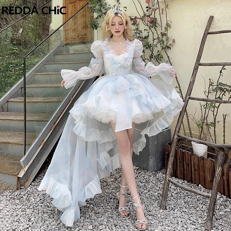 

REDDACHiC Puff Sleeves Trailing Women Princess Dress High-low Ruffle Hemline Ball Gown Tie Dye Frill Trim Party Evening Dress