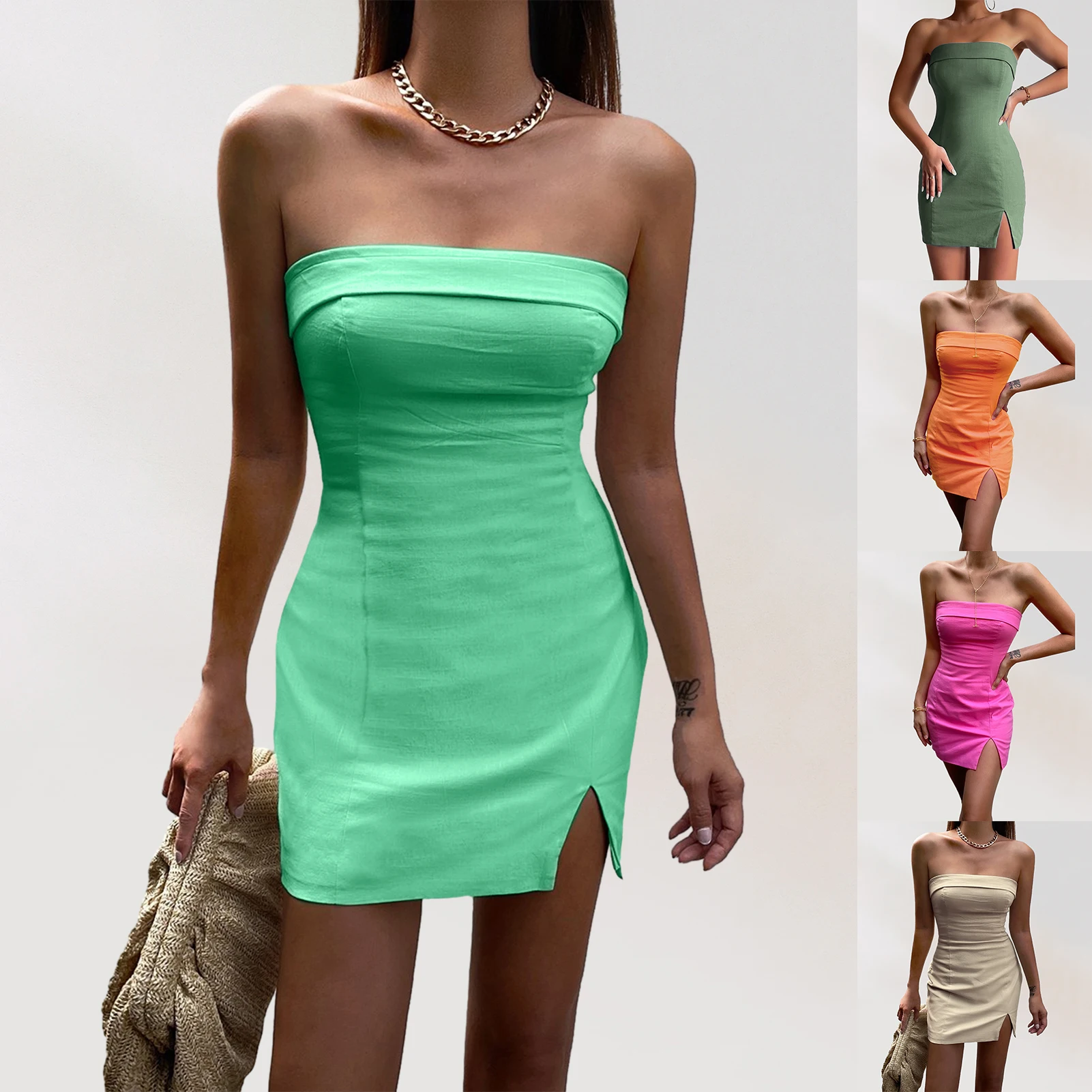 Women Sleeveless Mini Dress Skinny Strapless Slim Dress Side Split Tube Top Dress Solid Color Cocktail Party Dress
Women Sleeveless Mini Dress Skinny Strapless Slim Dress Side Split Tube Top Dress Solid Color Cocktail Party Dress