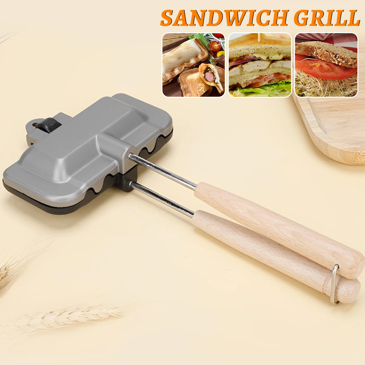 

Аппарат для приготовления сэндвичей с деревянной ручкой, антипригарный гриль для сэндвичей, сковорода, двусторонняя жаропрочная машина для сыра, портативная плитка для сэндвичей