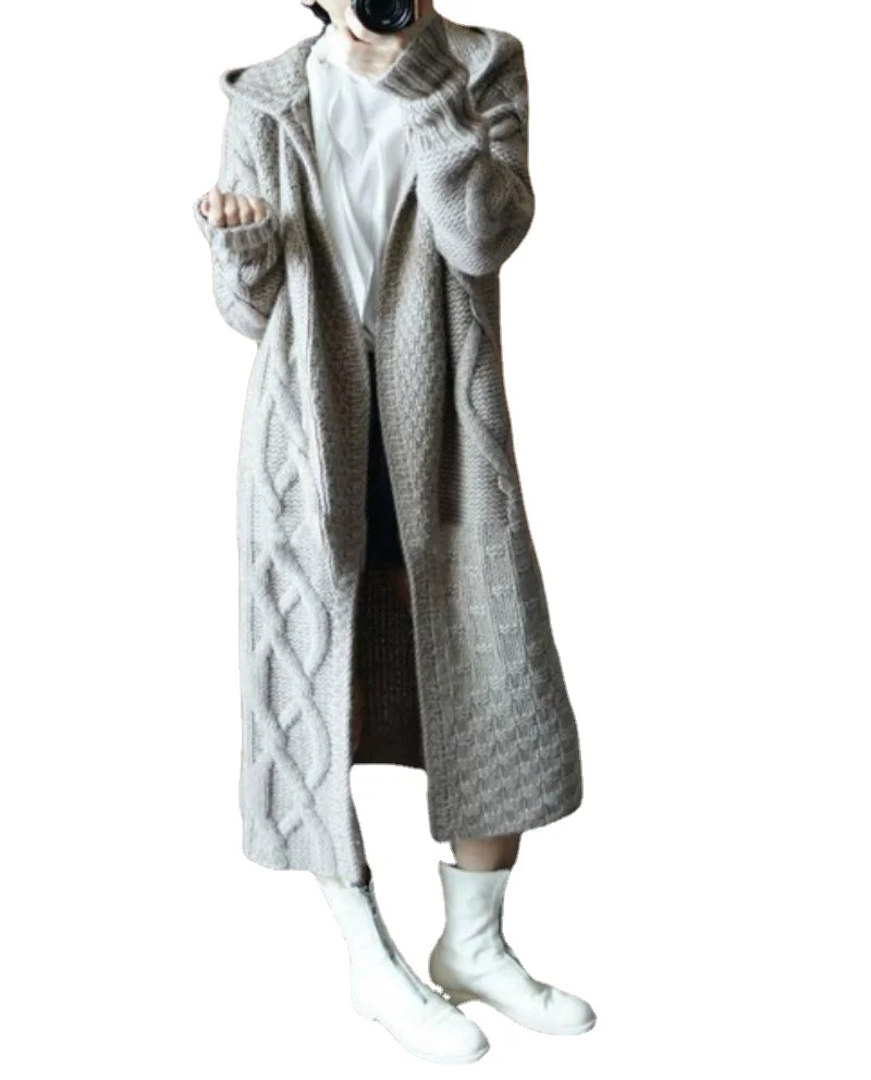 

Женский утепленный вязаный кардиган с капюшоном, длинное пальто в европейском и американском стиле, Осень-зима 2023