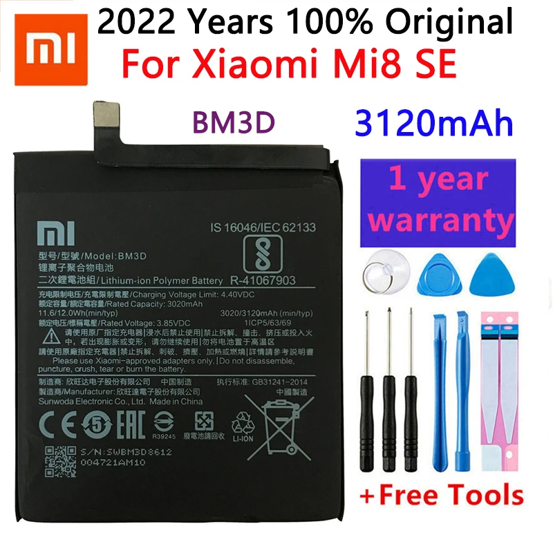 

Xiao Mi Original Phone Battery BM3D 3120mAh For Xiaomi Mi 8 SE High Quality Replacement Batteries Retail Package Free Tools
