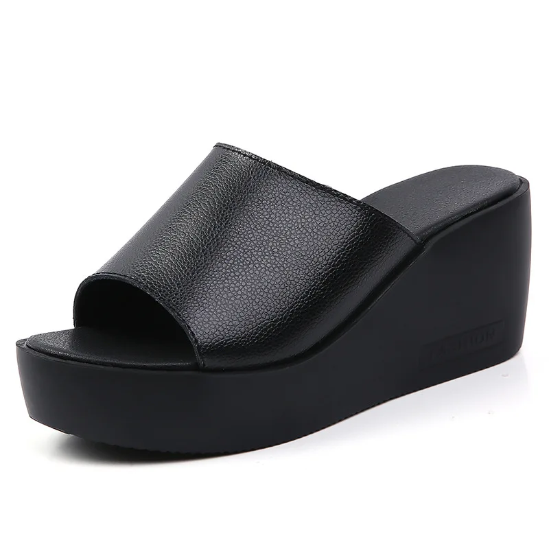 

New Black Genuine Leather Platfrom Slippers Ladies Wedge Summer Shoes For Women Peep Toe Flip Flops Female Slip On Sandal Heels