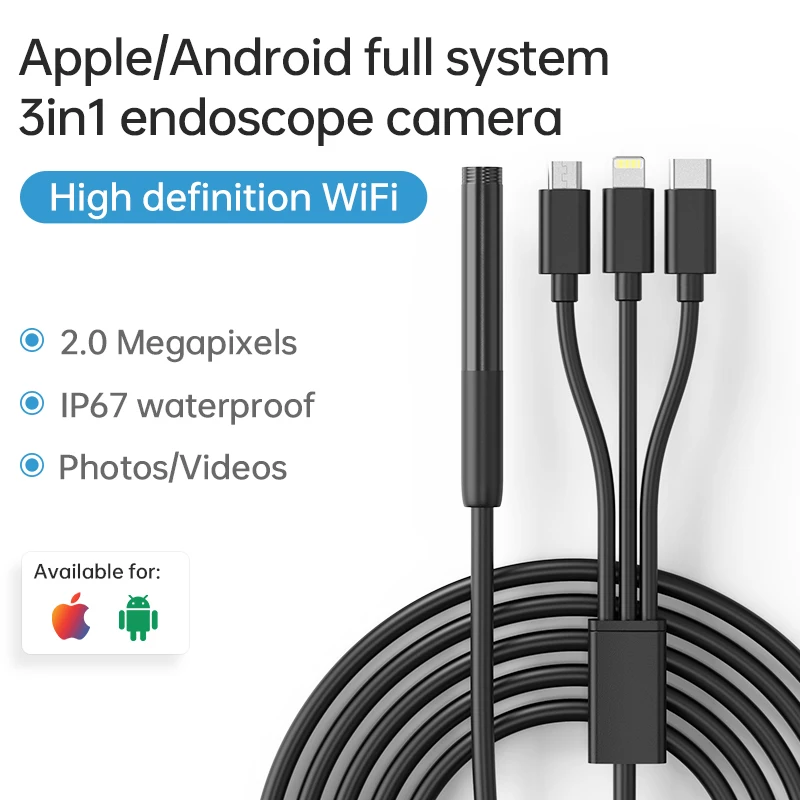 3in1 Endoscope Camera Single Lens 8mm WIFI Endoscopic Camera Waterproof Inspection Borescope 8 LED USB C For Android IOS Iphone
3in1 Endoscope Camera Single Lens 8mm WIFI Endoscopic Camera Waterproof Inspection Borescope 8 LED USB C For Android IOS Iphone