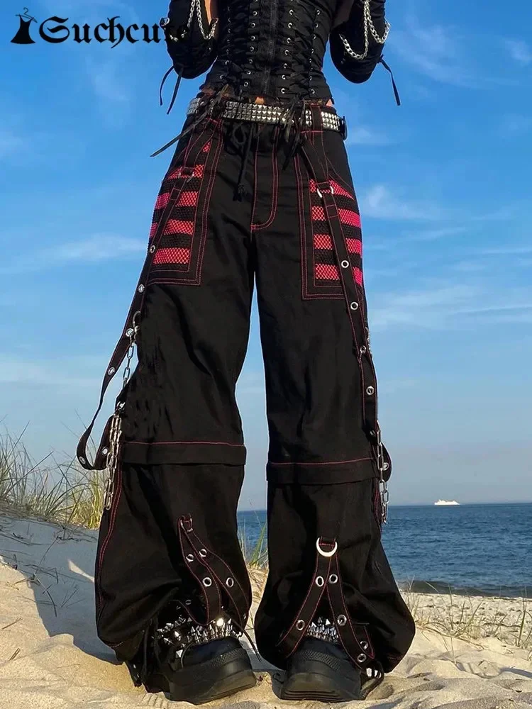 

Gothic Chain Bandage Wide Leg Pants Women Oversize Low Rise Dark Academic Trousers Streetwear 90s Baggy Pant Punk Style