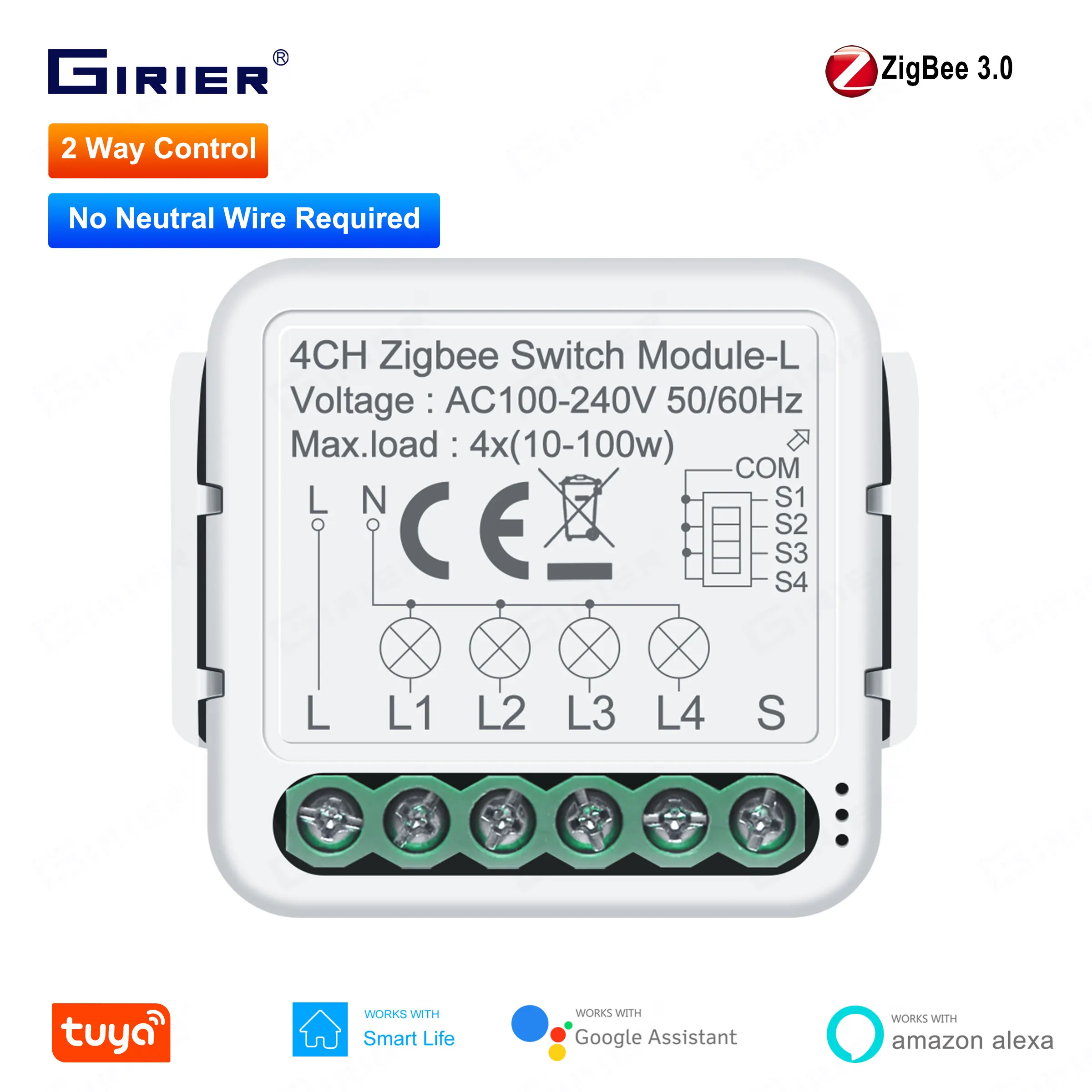 

GIRIER Tuya ZigBee 3.0 Smart Switch Module 4CH No Neutral Wire Required Supports 2 Way Control Works with Alexa Alice Hey Google