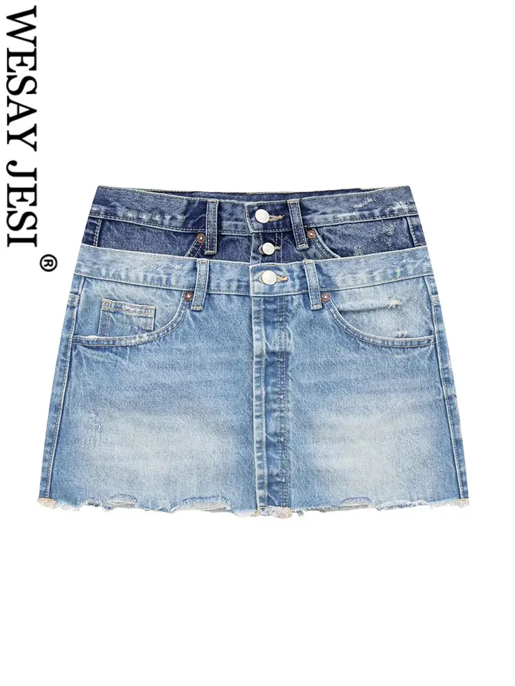 

WESAY JESI TRAF Ladies Summer Fashion Stitching Design Wide Pleated High Waist Culottes Concealed Button Denim Shorts Miniskirt