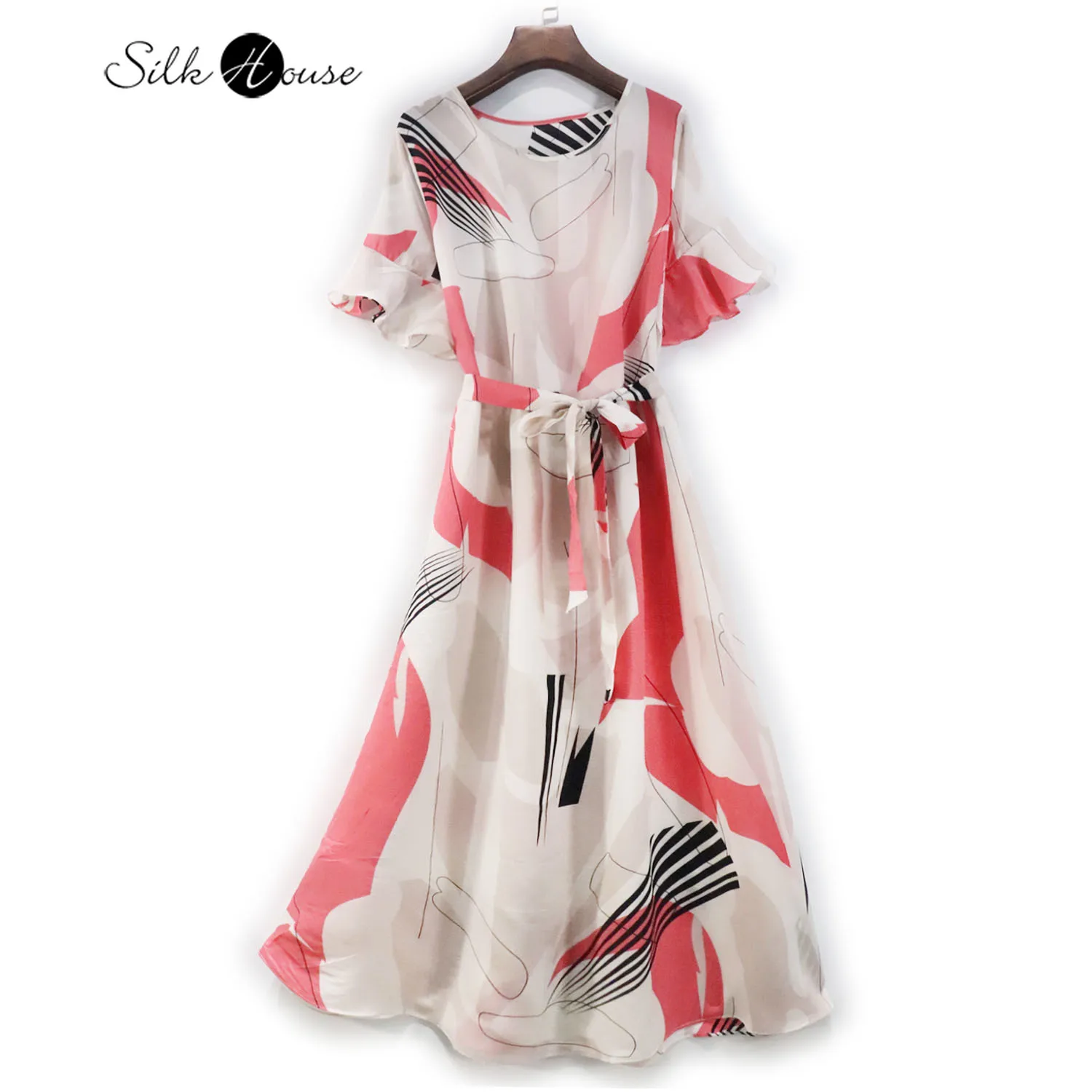 

Silk Dress Mulberry Silk Medium Length Skirt Pink Abstract Print Women's Dress Lace Up Waist Round Neck Crepe De Chine