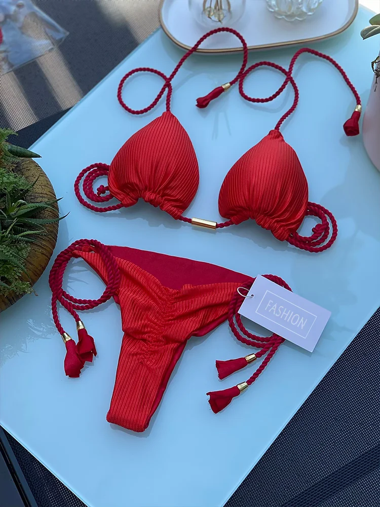 2022 Halter Bikini Set Ribbed Swimsuit Women Folds Bathing Suit High Cut Solid Bandage Swimwear Female Bather Bathing Suit
2022 Halter Bikini Set Ribbed Swimsuit Women Folds Bathing Suit High Cut Solid Bandage Swimwear Female Bather Bathing Suit