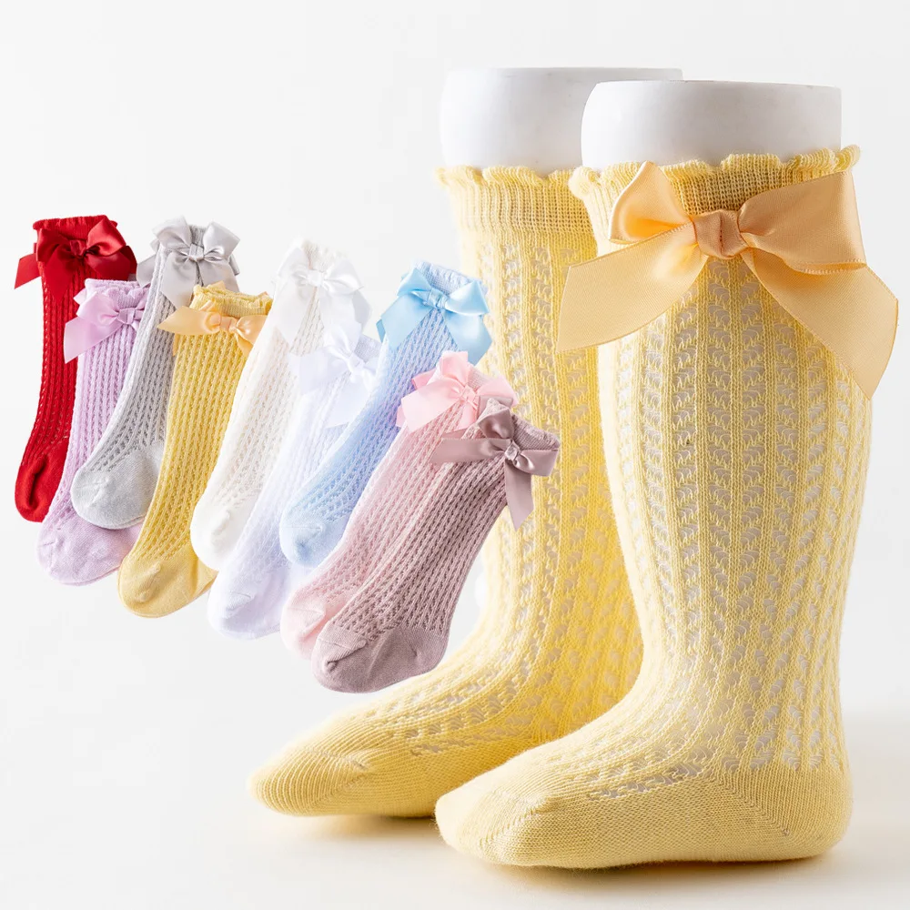 

Носки для маленьких девочек, сетчатые носки с бантом, аксессуары для маленьких принцесс, тонкие хлопковые носки до колен для новорожденных