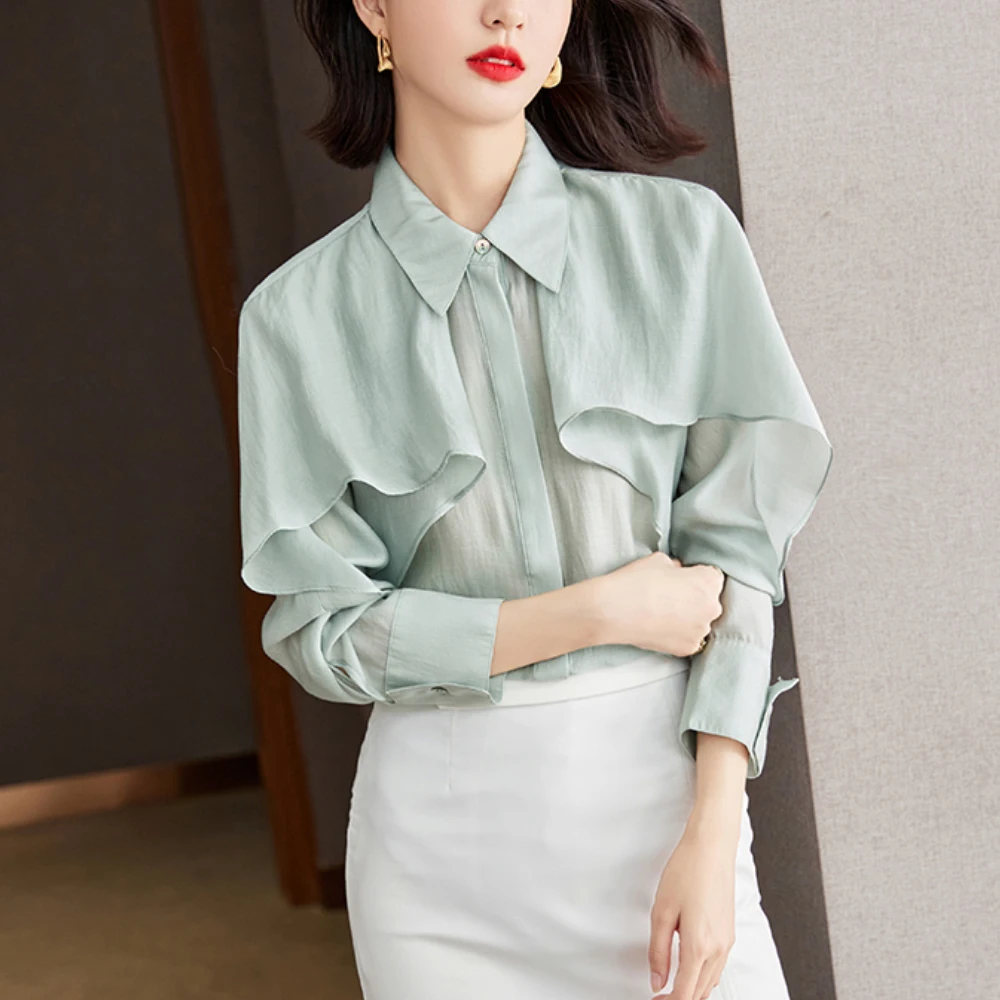 

Женская шифоновая блузка с оборками, элегантная Асимметричная однотонная блузка на осень, 2022