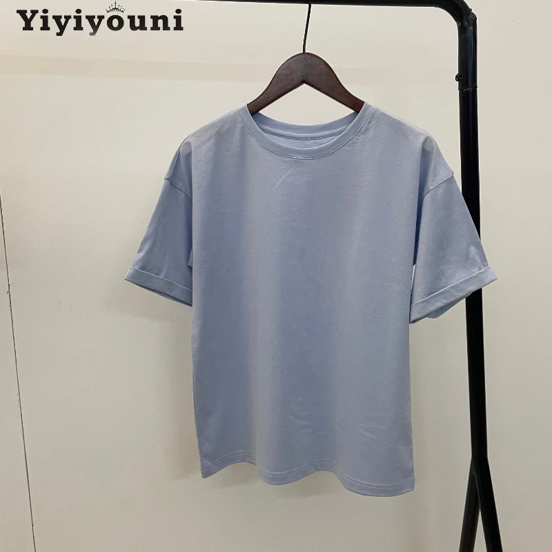 Yiyiyouni летние базовые хлопковые свободные футболки женские с круглым вырезом и