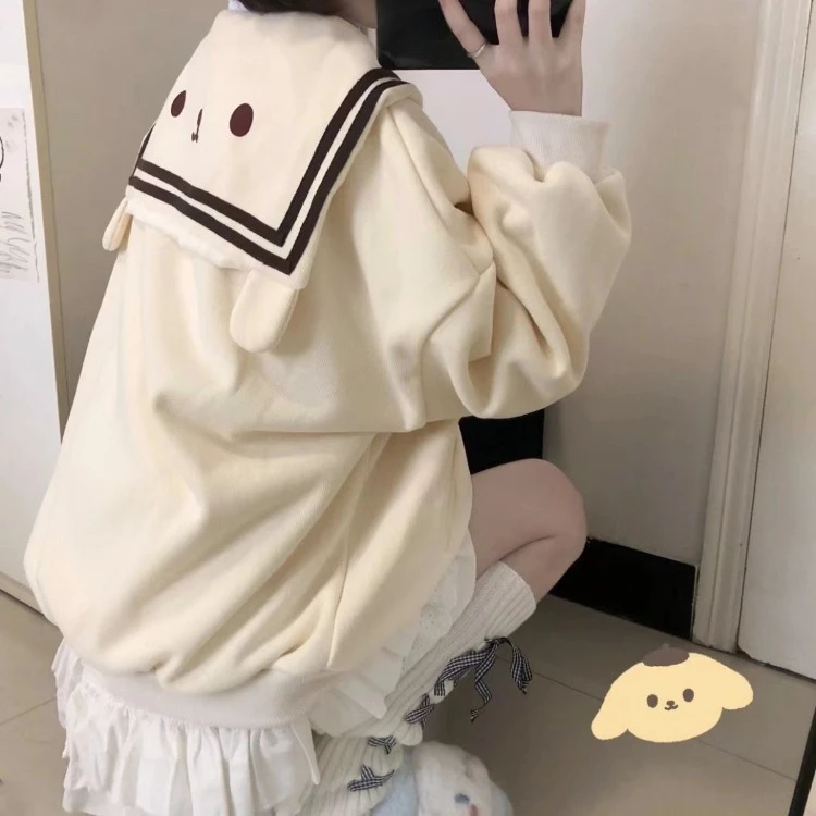 

Harajuku Kawaii Zip Up Hoodie Women Sailor Collar Japanese Style Cute Sweatshirts Oversize Lolita Girly Anime Print Jacket