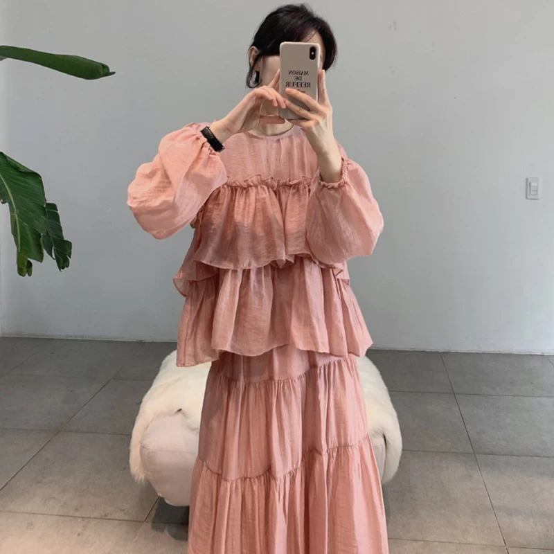 SuperAen Spring Pink O Neck Ruffled Layered Shirt+high Waist Long Skirt Suit Women
SuperAen Spring Pink O Neck Ruffled Layered Shirt+high Waist Long Skirt Suit Women