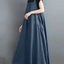 Summer Elegant Overalls Dress Oversized Sundress Women Vintage Straps Solid A-line Denim Blue Vestidos Fashion Work Sarafans
