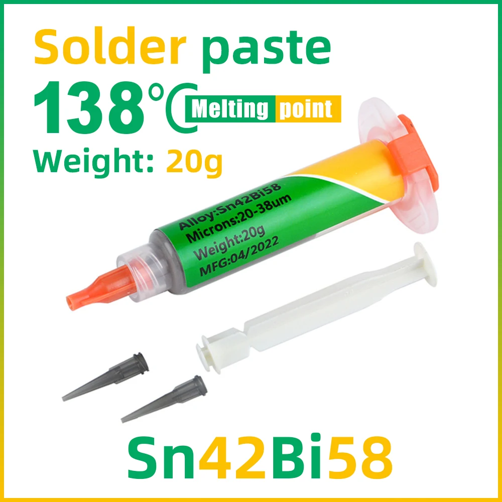 Low Temperature Solder Paste Lead-free Syringe Melting Point 138℃ SMD Repair Low Temperature Solder Paste Sn42Bi58
Low Temperature Solder Paste Lead-free Syringe Melting Point 138℃ SMD Repair Low Temperature Solder Paste Sn42Bi58