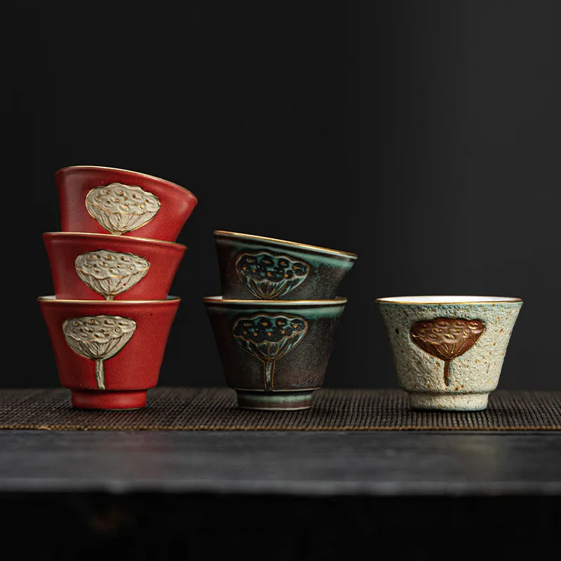 

Lotus Auspicious Teacup Japanese Kiln Baked Retro Porcelain Kung Fu Tea Set Tea Cup Small Single Cup Relief Lotus Seedpod Bowls