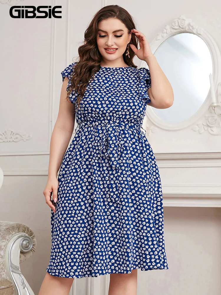 

GIBSIE Plus Size Ditsy Floral Print Ruffle Trim Belted Dress Women 2022 Summer Holiday Casual Boho A-line O-Neck Midi Dresses