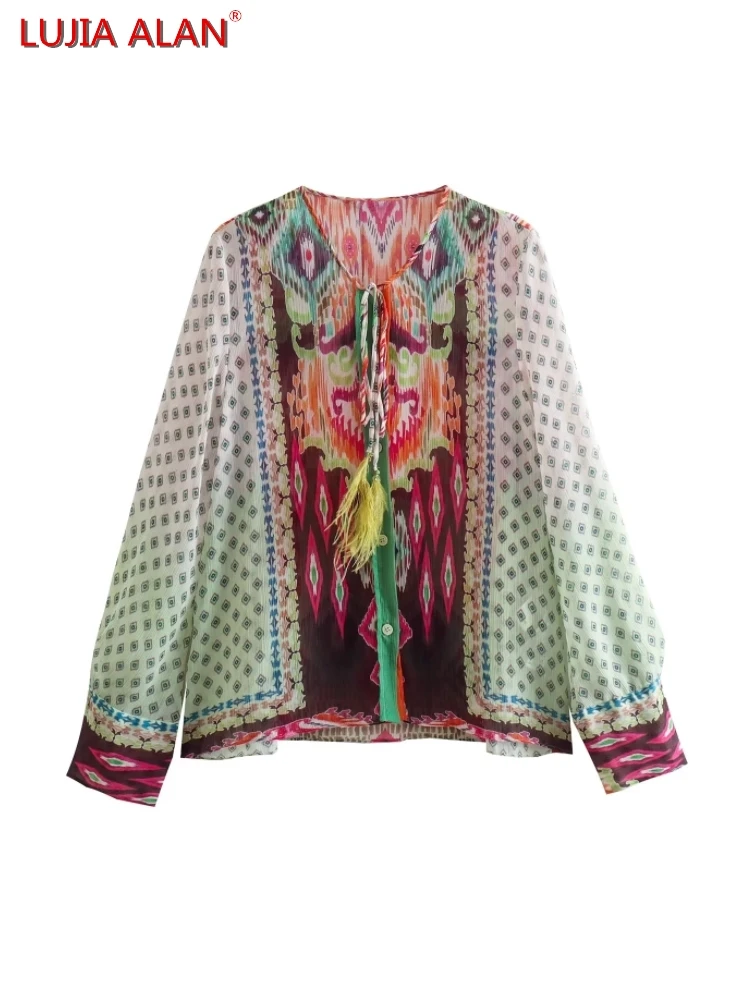 Women Patchwork Print Feather Decoration Chiffon Shirts Autumn Female Long Sleeve Blouse Loose Tops LUJIA ALAN B699
Women Patchwork Print Feather Decoration Chiffon Shirts Autumn Female Long Sleeve Blouse Loose Tops LUJIA ALAN B699