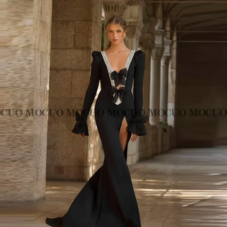 Formal Black Prom Dresses with Bow Deep V-neck Backless Long Sleeve Evening Gown Side Slit Mermaid Banquet Party Dress
Formal Black Prom Dresses with Bow Deep V-neck Backless Long Sleeve Evening Gown Side Slit Mermaid Banquet Party Dress