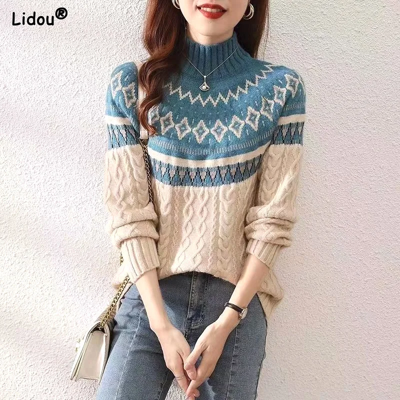 Pullovers Office Lady Mock Neck Solid Autumn Winter Thick Patchwork Screw Thread Printing Bottoming Sweaters Women's Clothing
Pullovers Office Lady Mock Neck Solid Autumn Winter Thick Patchwork Screw Thread Printing Bottoming Sweaters Women's Clothing