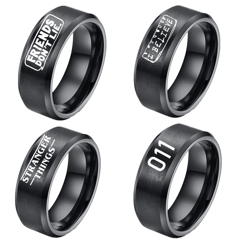 

8mm Black Stainless Steel Men Rings Stranger Things Rings Eleven 011 Friends Don't Lie I Believe Letter TV Series Show Jewelry