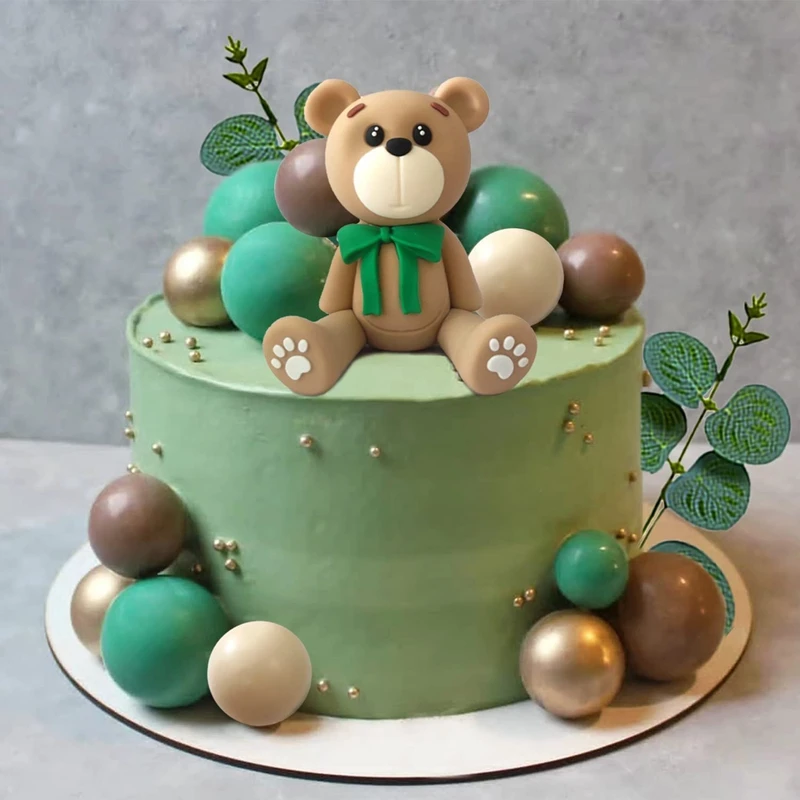 

28Pcs/set Teddy Bear Cake Toppers with Eucalyptus Leaves Foam Ball for Baby Shower Kids Boy Bear Theme Birthday Party Decoration