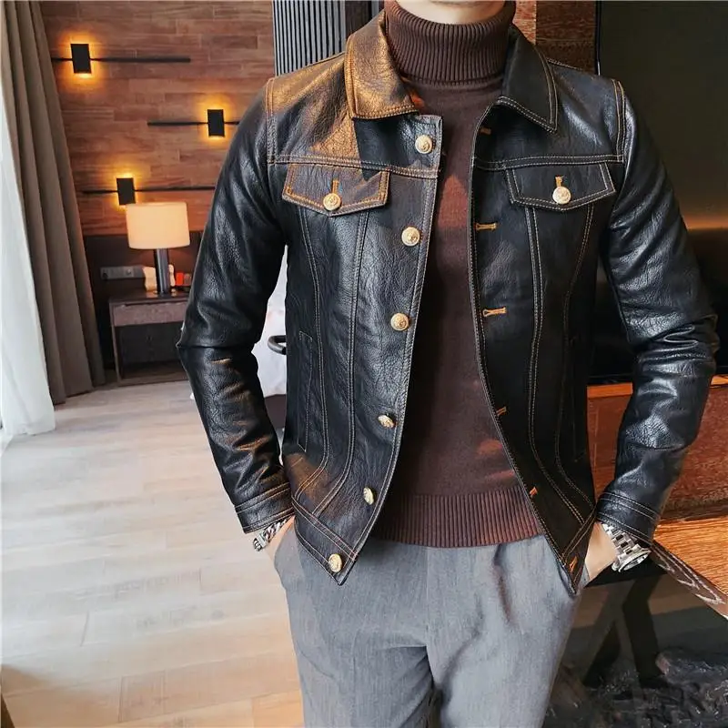 New Men Autumn Motorcycle Causal Vintage Leather Jacket Coat Men Fashion Biker Button Pocket Design PU Leather Jacket W21
New Men Autumn Motorcycle Causal Vintage Leather Jacket Coat Men Fashion Biker Button Pocket Design PU Leather Jacket W21