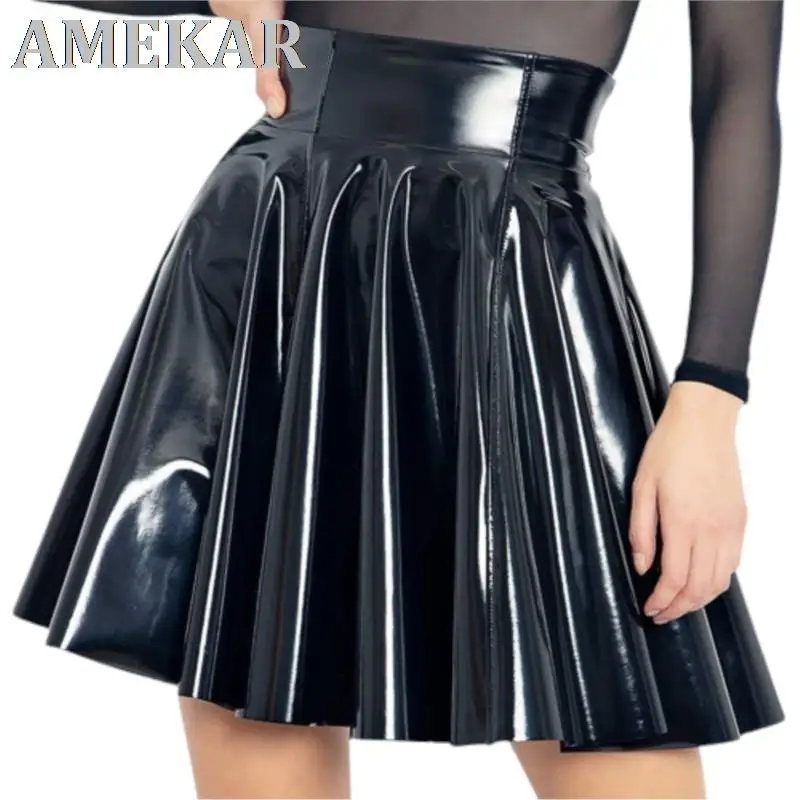 Gothic Women Wet Look Patent PU Leather Skirt Lady High Waist Solid PVC Flared Pleated A-line Circle Mini Skater Skirt Clubwear
Gothic Women Wet Look Patent PU Leather Skirt Lady High Waist Solid PVC Flared Pleated A-line Circle Mini Skater Skirt Clubwear