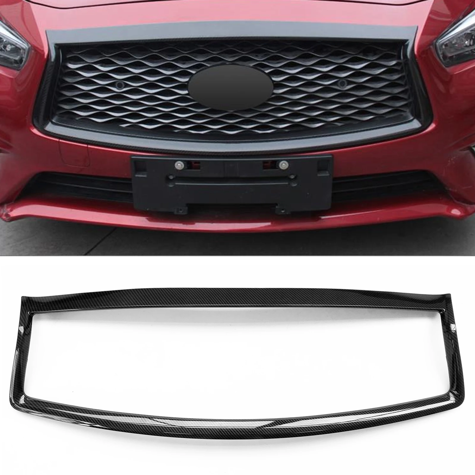 

For Infiniti Q50 2014-2017 Front Grille Grill Frame Strip Carbon Fiber Look Car Bumper Hood Cover Overlay Bezel Trim Replacement
