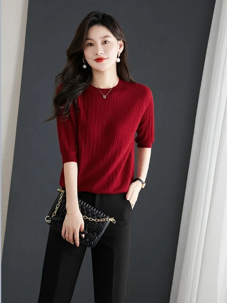 

Summer Women Ribbed Fashion Pullover Tops Spring Elegant Out Knit Korean Khaki Sleeves Half Sweater 2023 Thin Tuangbiang Hollow