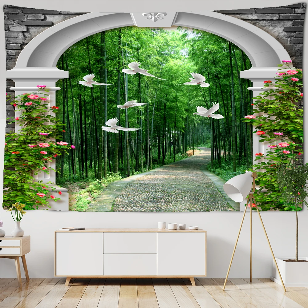 

Arched Flower Path Tapestry Pastoral Floral Green Plants Flowers Sunshine Forest Tapestries Wall Hanging Bedroom Room Home Deco