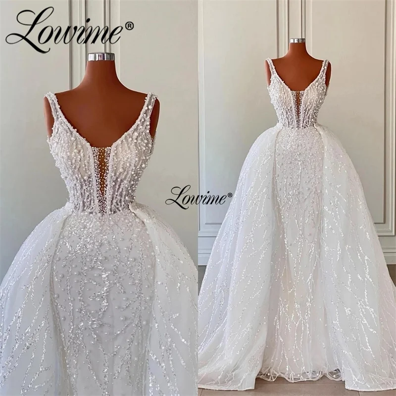 

Lowime белое свадебное платье с блестками и бусинами, свадебные платья с V-образным вырезом и юбкой-годе 2023 со съемным шлейфом и жемчугом