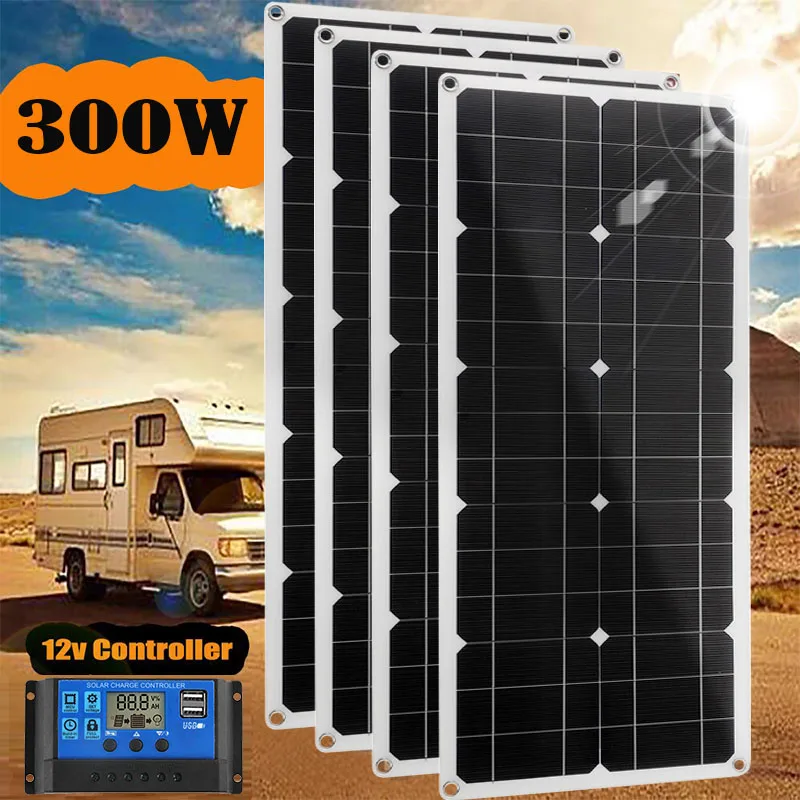 18V Solar Panel Kit 300W Battery Charger Flexible Solar System with Solar Controller 12V 24V for Car Boat RV Home
18V Solar Panel Kit 300W Battery Charger Flexible Solar System with Solar Controller 12V 24V for Car Boat RV Home