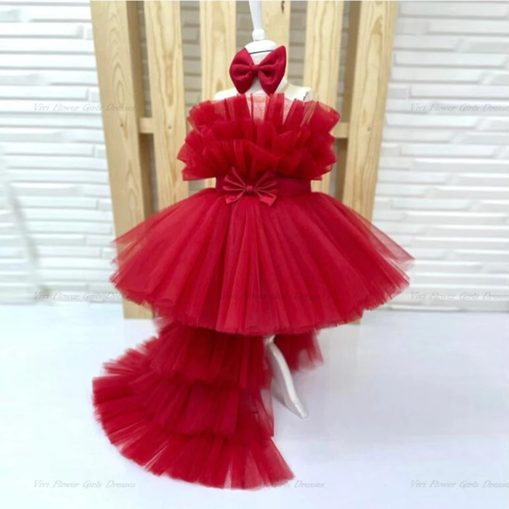 

Red Puffy Tutu Flower Girl Dress Sheer Neck Baby Girl First Birthday Dress Assymetrical Infant Tutu Princess Pageant Gown