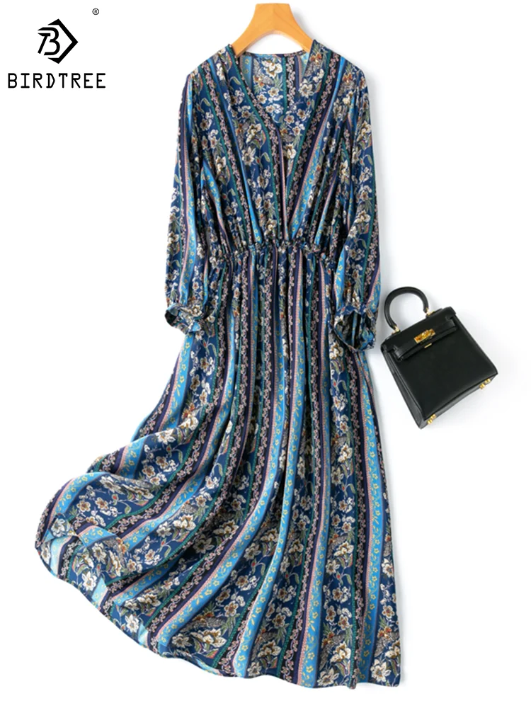 

Birdtree Women Silk Midi Dress 100%Mulberry Silk Blue Art Retro Printed V neck 3/4 sleeve with Lining Belted Long Dress D36563QM