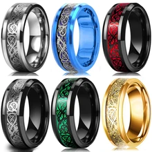 10 Colors 8mm Mens Stainless Steel Celtic Dragon Ring Inlay Red Green Black Carbon Fiber ring Wedding Band Jewelry Size 6-13