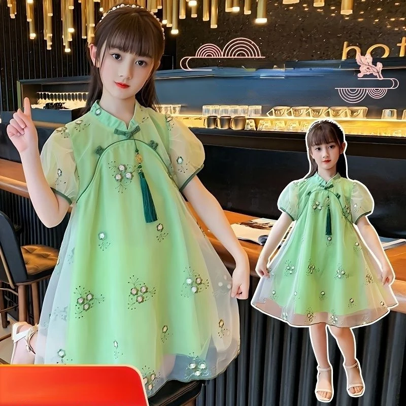 

Summer Girls Dress 2023 new Cheongsam Ball Birthday Party Dresses New Childrens Retro Gauze Hanfu Baby Princess Clothes 12Year