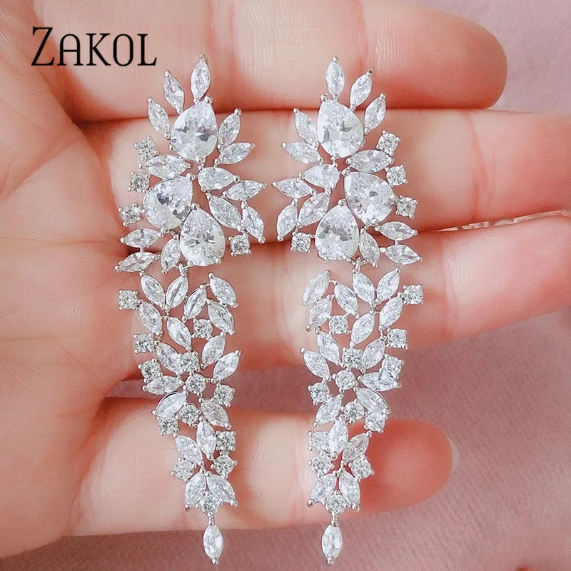 Женские длинные висячие серьги ZAKOL, роскошные висячие серьги с цирконием в виде лепестков, свадебные украшения EP2262 
Женские длинные висячие серьги ZAKOL, роскошные висячие серьги с цирконием в виде лепестков, свадебные украшения EP2262