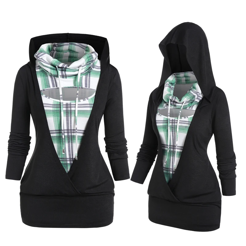 

ROSEGAL Plus Size Women's Hooded Tops Two Pieces Cowl Neck Peek And Boo Plaid 2 in 1 Tanks Female Stretchy Faux Twinset Top 4XL