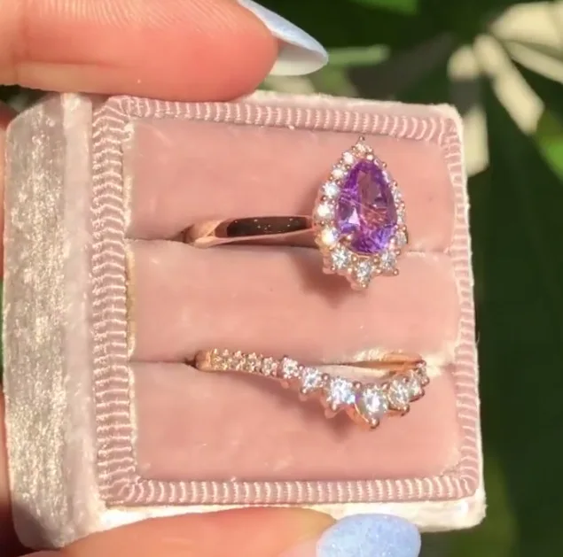 

Milangirl 2Pcs/set Hot Sale Pear-shape Pink Zircon Bridal Rings Set Fashion Wedding Jewelry Promise Engagement Ring for Women