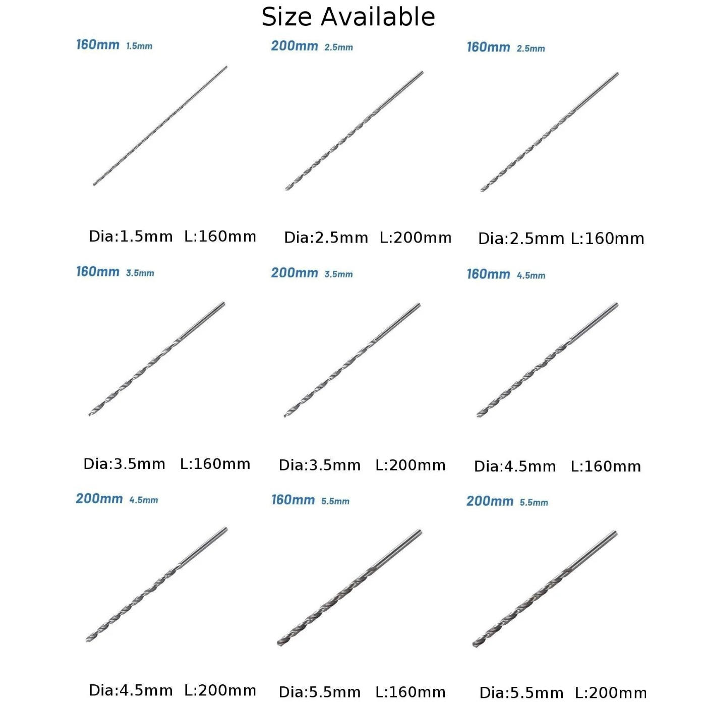 Diameter 1.5-5.5mm Length160-200mm Extra Long HSS Straight Shank Drill Bit Extra Long HSS Straight Shank Drill Bit Tool Parts
Diameter 1.5-5.5mm Length160-200mm Extra Long HSS Straight Shank Drill Bit Extra Long HSS Straight Shank Drill Bit Tool Parts