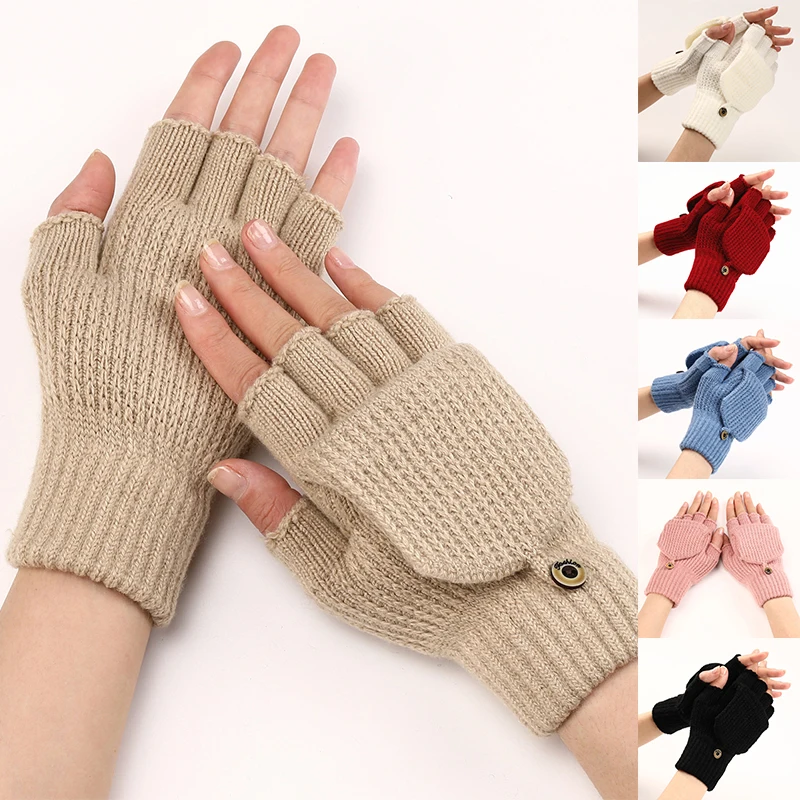 

Вязаные полосатые перчатки без пальцев для мужчин и женщин, зимние теплые плотные шерстяные варежки с полупальцами, перчатки с кнопками для сенсорного экрана