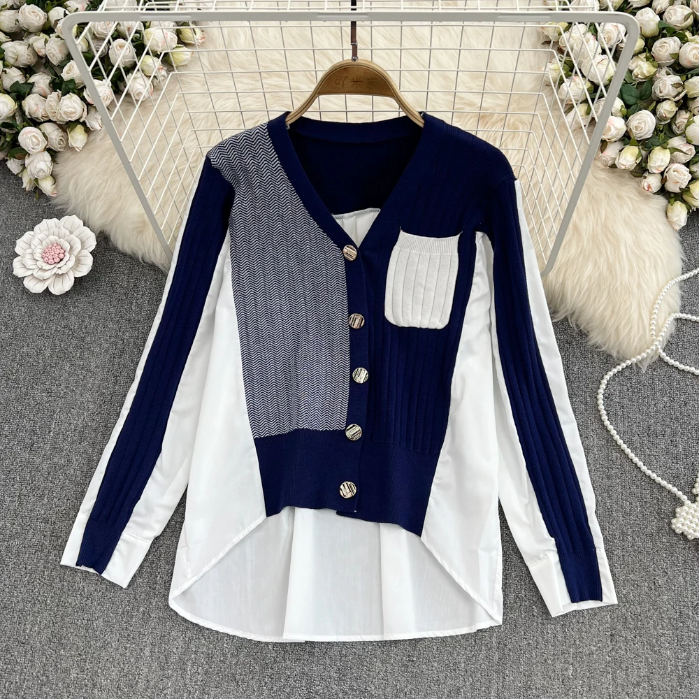 SuperAen Contrast Color V-Neck Sweater Women's New Autumn and Winter 2022 Design Irregular Loose Knitted Shirt
SuperAen Contrast Color V-Neck Sweater Women's New Autumn and Winter 2022 Design Irregular Loose Knitted Shirt