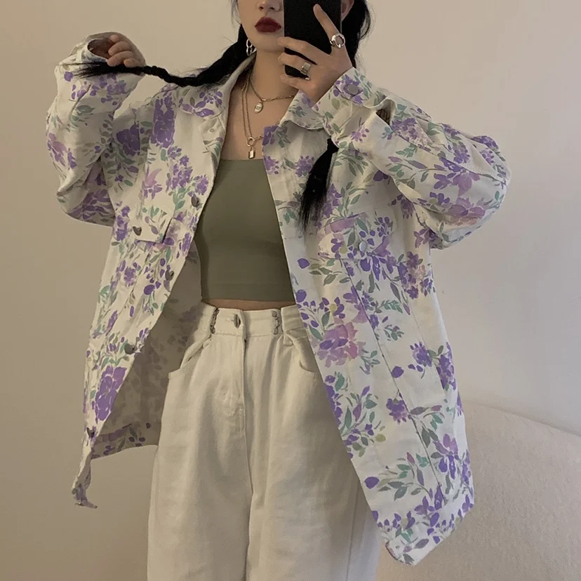Ladies Denim Jacket Printed Purple Flower Oversized Jackets Casual Streetwear Personality Jeans Coat Women
Ladies Denim Jacket Printed Purple Flower Oversized Jackets Casual Streetwear Personality Jeans Coat Women