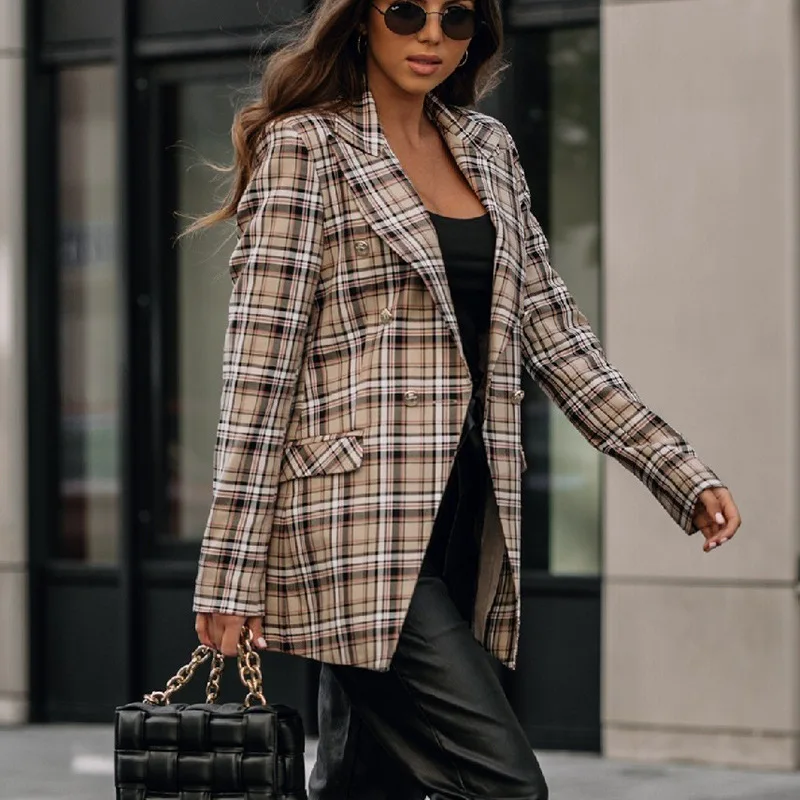 Blazer Women Autumn Double-Breasted Suit Collar Retro Slim-Fit Plaid Jacket Women's Suit 
Blazer Women Autumn Double-Breasted Suit Collar Retro Slim-Fit Plaid Jacket Women's Suit
