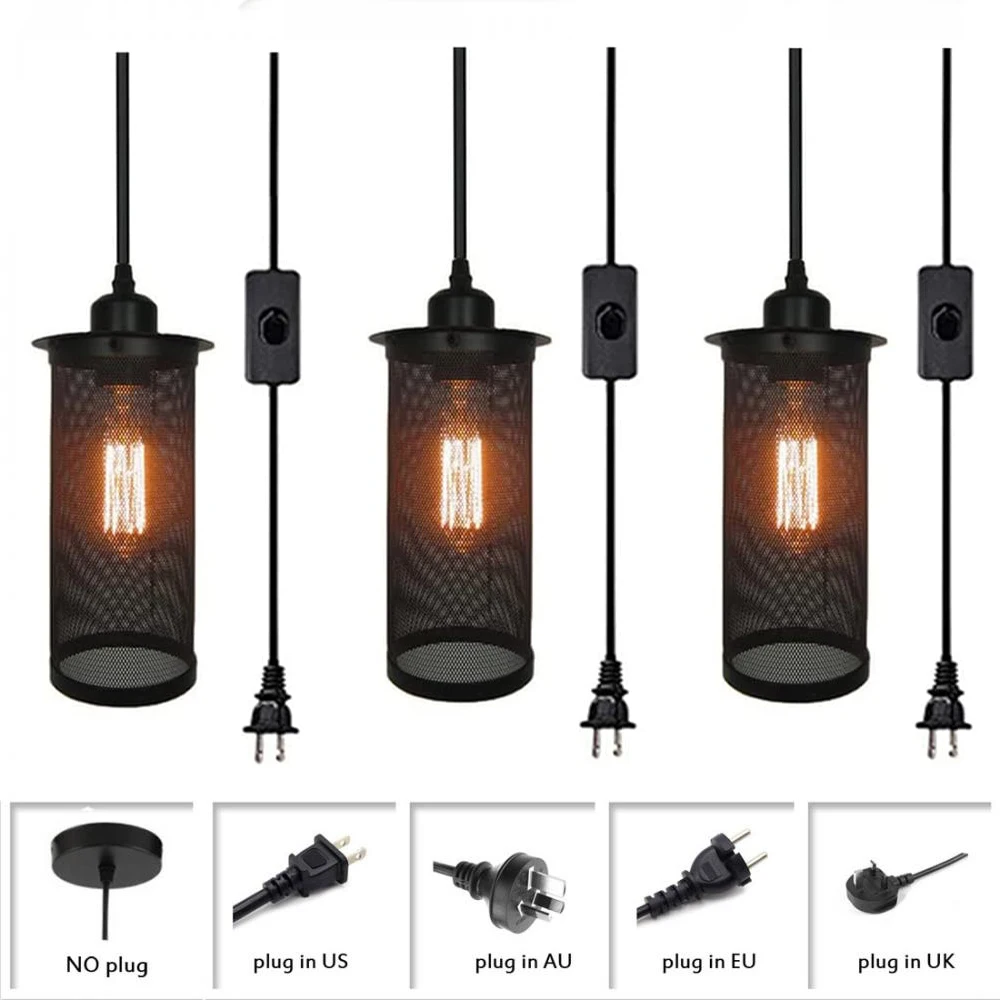 3 Pack Industrial Plug In Pendant Light Fixture Black Metal Hanging Ceiling Light Plug In Cord and Switch Metal Cage Lampshade
3 Pack Industrial Plug In Pendant Light Fixture Black Metal Hanging Ceiling Light Plug In Cord and Switch Metal Cage Lampshade