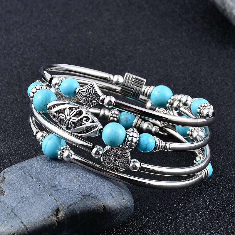 

2023 New Natural Turquoise/Tigereye Winding Bracelet Multi-Circle Layered Natural Stone Beaded Bracelets for Women Girls Jewelry