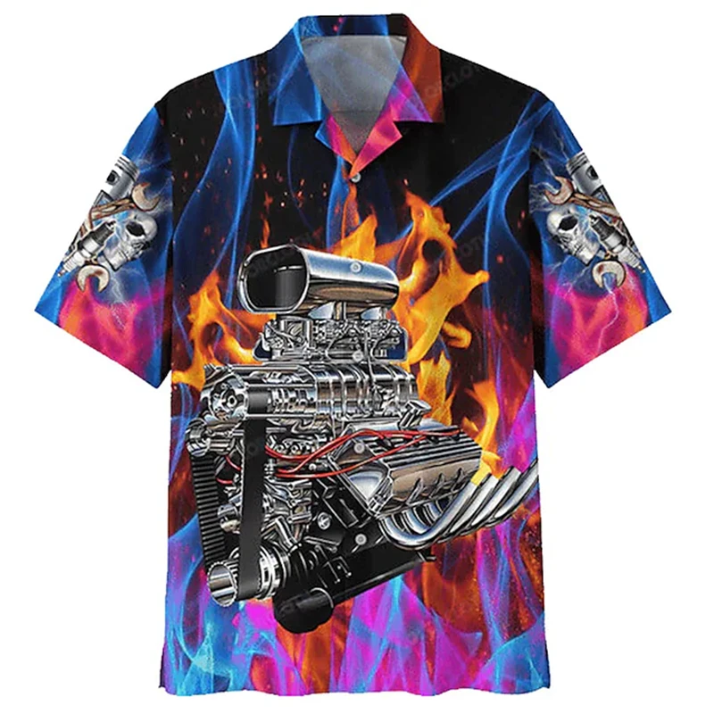 

Summer Men's Hawaiian Shirt Graphic Print Flame Machine Turndown Casual Holiday Short Sleeve Button Tropical Fashion Apparel